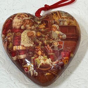 VTG Christmas Paper Mache Heart Santa Toys Children Holiday Ornament 3.5"